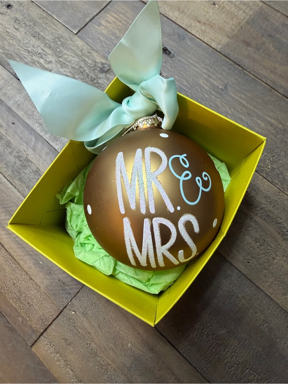 Painted Mr. & Mrs. Gold Wedding Ornament with Ribbon